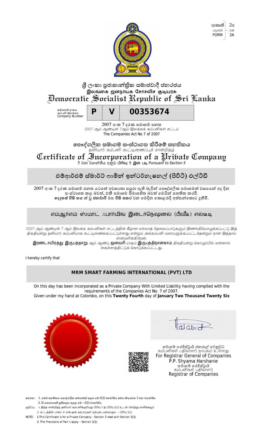 Certificate of Incorporation for MRM Smart Farming International Pvt Ltd
